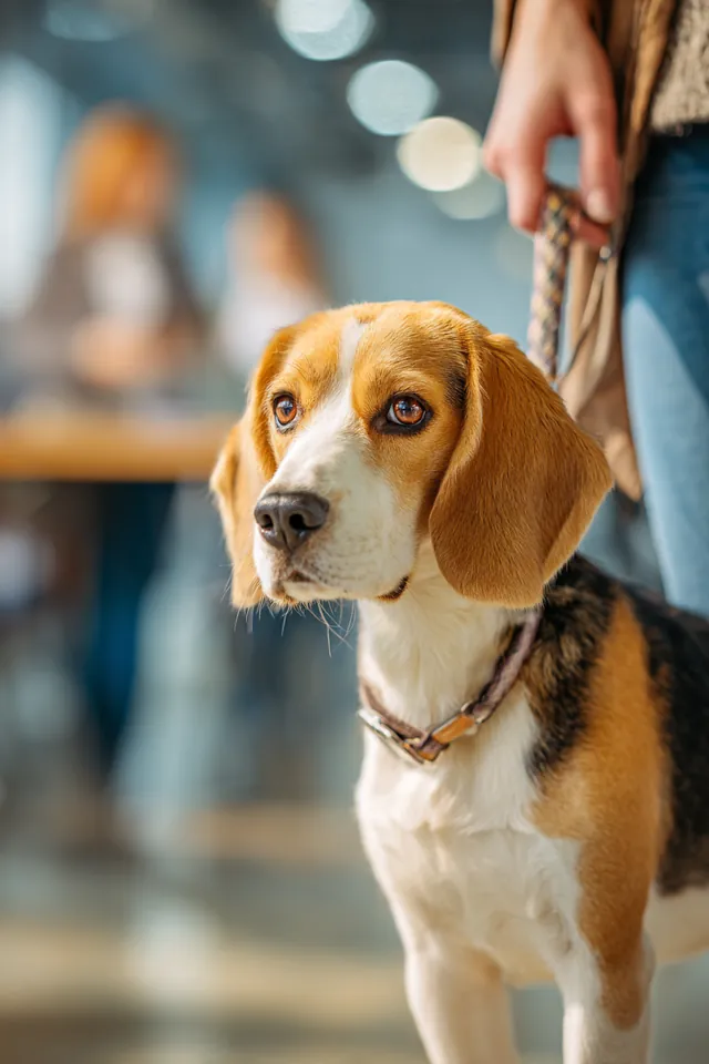 Woman holding a leash at a veterinary clinic front desk as her beagle looks up, a vet bill that may lead to a 2,000 dollar loan request