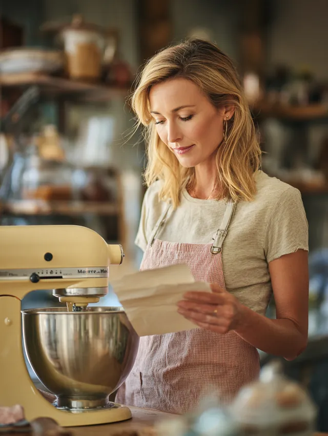 Bakery owner in her 40s unboxing a new commercial stand mixer in her small bakery kitchen