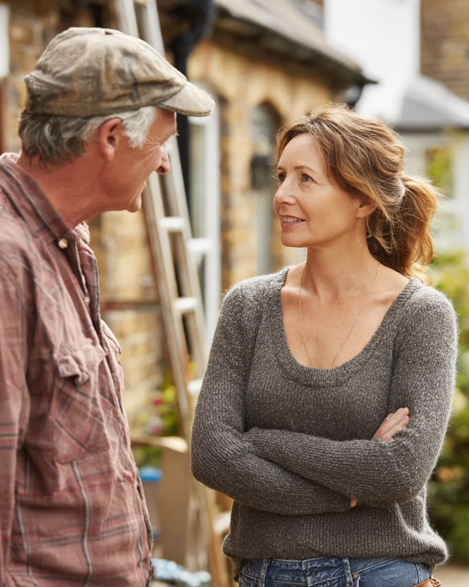 Roofer talking with a homeowner on her front lawn about a repair she may cover with a $5,000 loan, ladder against the house