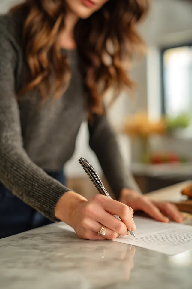 Woman's hand signing a paper form with a slim pen on a white quartz kitchen counter