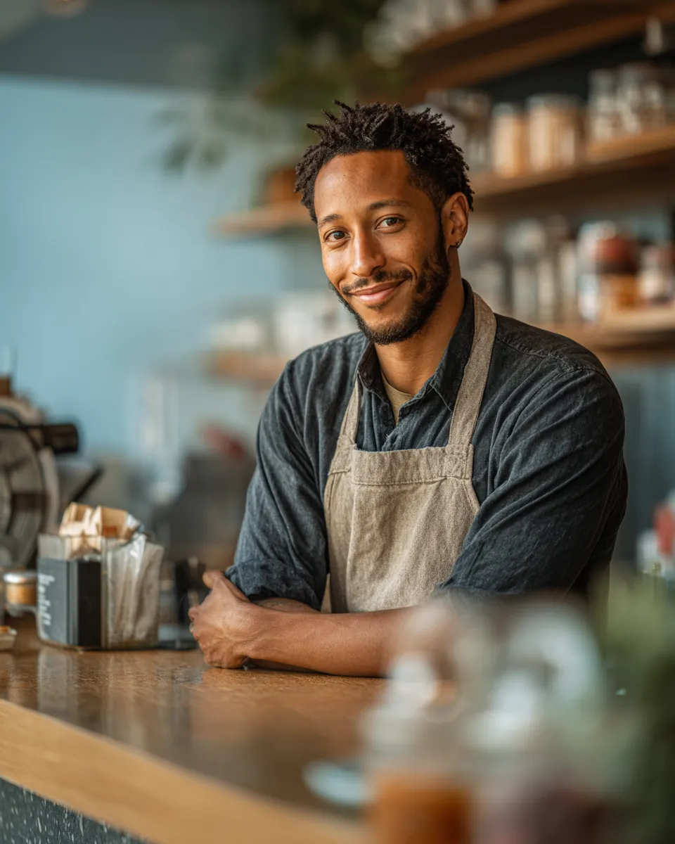 Barista in his late 20s in a canvas apron smiling behind a bright cafe counter, ready to start a green path financial loan request