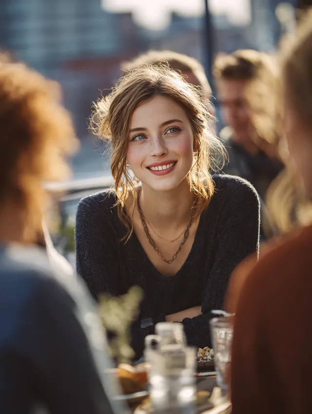 Group of friends in their 20s chatting and laughing around an outdoor table on a city rooftop terrace in early evening light