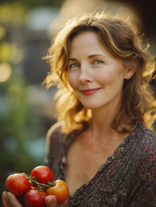 Woman in her 50s in a sunlit community garden holding freshly picked tomatoes with a content smile