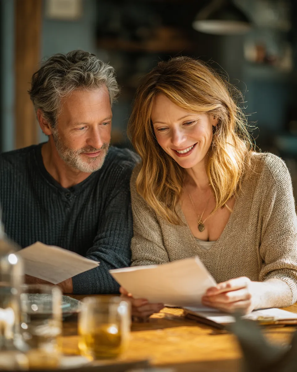 American couple in their 40s at a dining table reviewing paper bills together with relieved smiles after a green path financial payment comparison