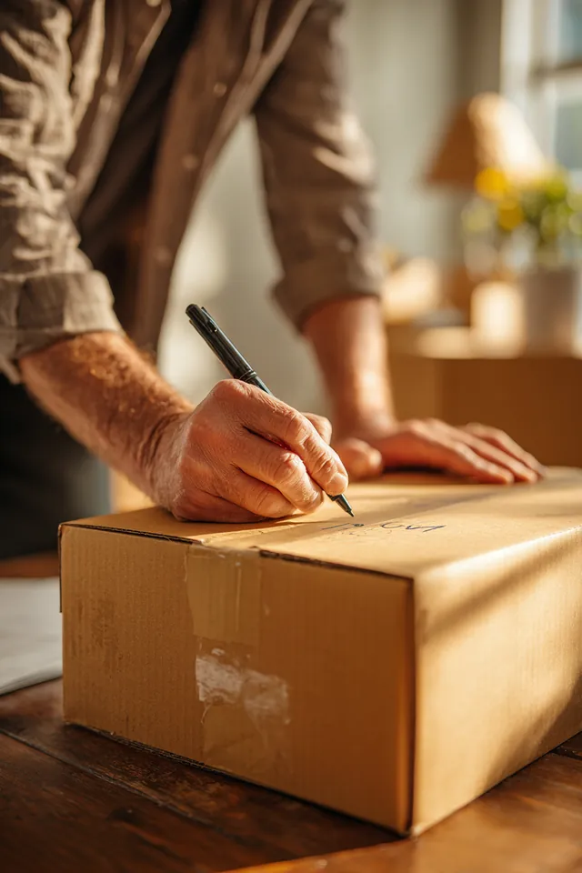 Man's hands labeling a cardboard box with a thick marker in a sunny new apartment after a long-distance move