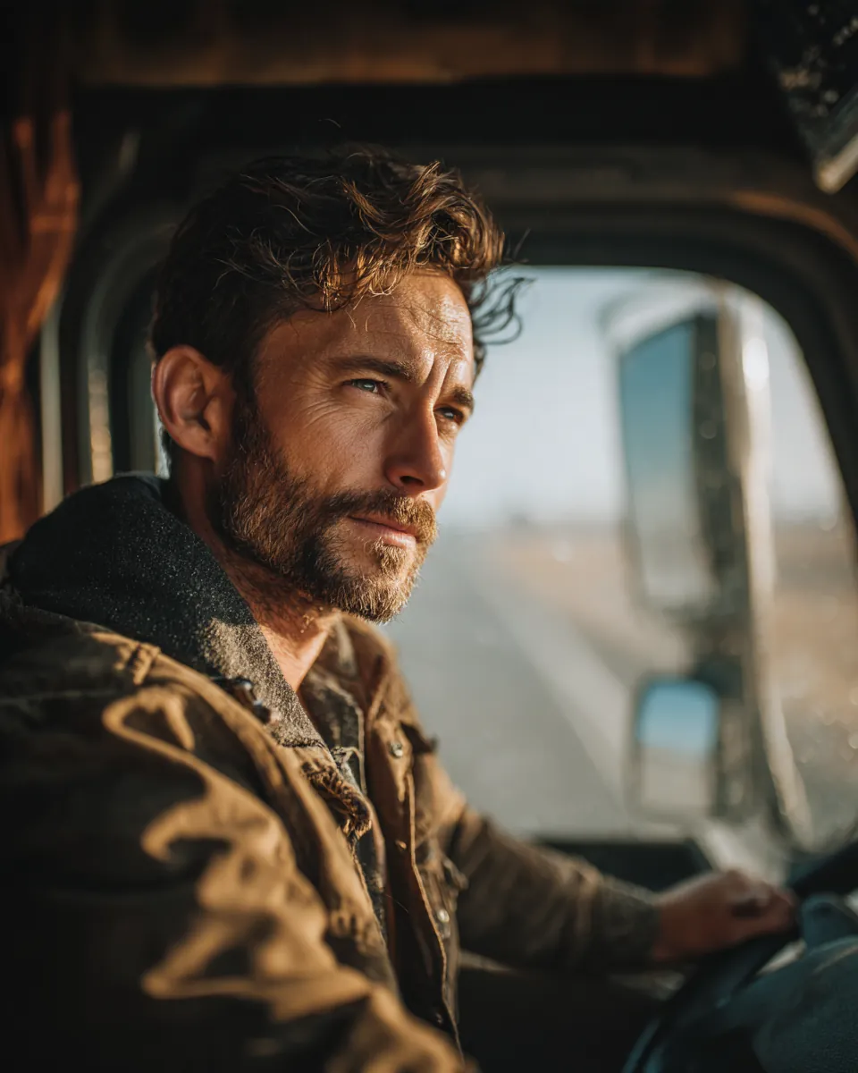 Passenger-seat view of a man driving a moving truck along an open desert highway during a cross-state move planned with green path financial budgeting