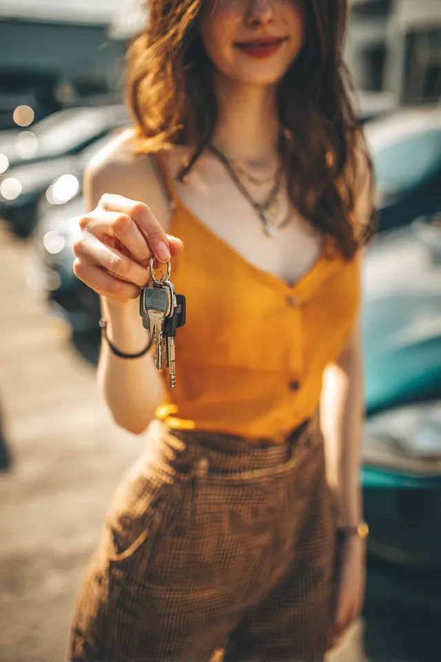 Young woman holding the key to her first car in a sunny dealership lot after building her credit score
