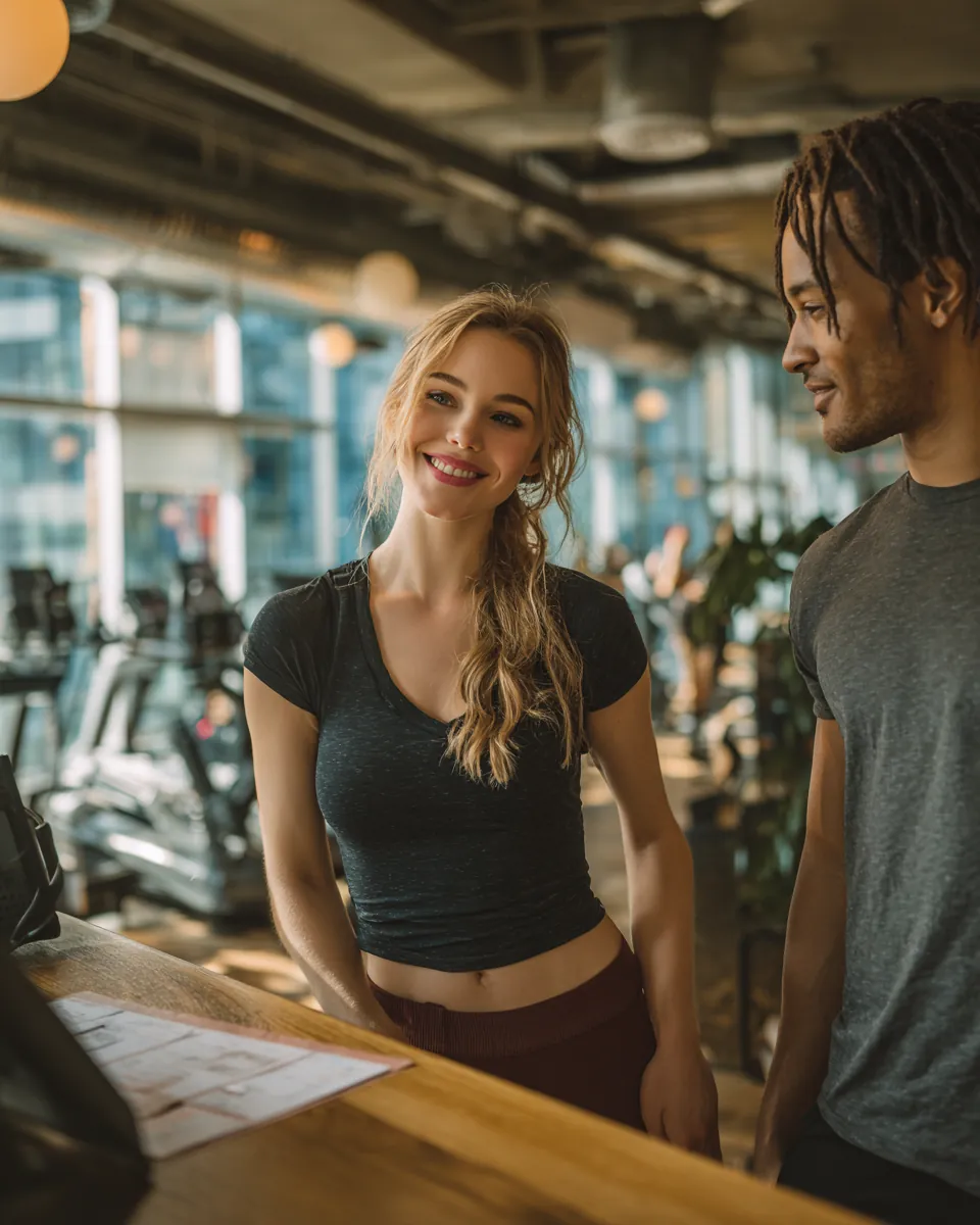Young couple getting a tour at the front desk of a bright modern gym, a fresh start like a green path financial plan to build credit