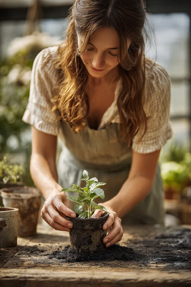 Woman's hands repotting a young herb plant at a bright garden center potting bench