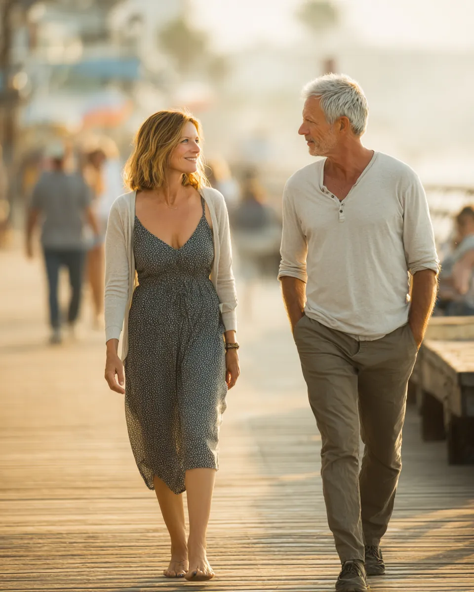 American couple in their 50s strolling hand in hand on a beach boardwalk at dusk after a green path financial comparison of payoff options