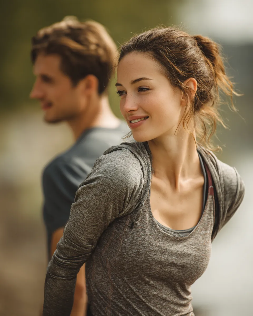 Couple in their 30s stretching after a lakeside morning run, relaxed after mapping a green path financial plan for debt consolidation