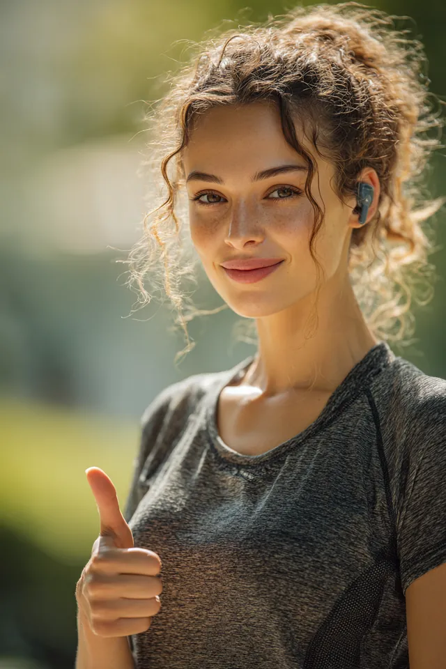 Young woman with wireless earbuds giving a cheerful thumbs up after a morning run in a green park