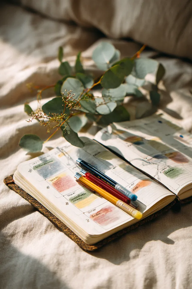 Open weekly paper planner with colored gel pens and eucalyptus, used to track monthly personal loan payment dates