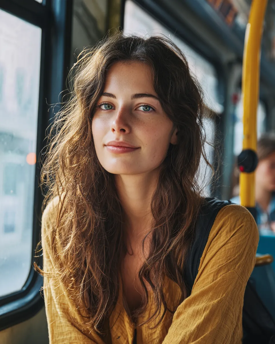 Young woman riding a city bus by the window, thinking through a green path financial plan for how a personal loan works