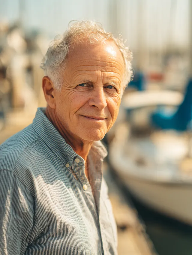 Retired man smiling at a sunny marina with boats softly blurred in the background