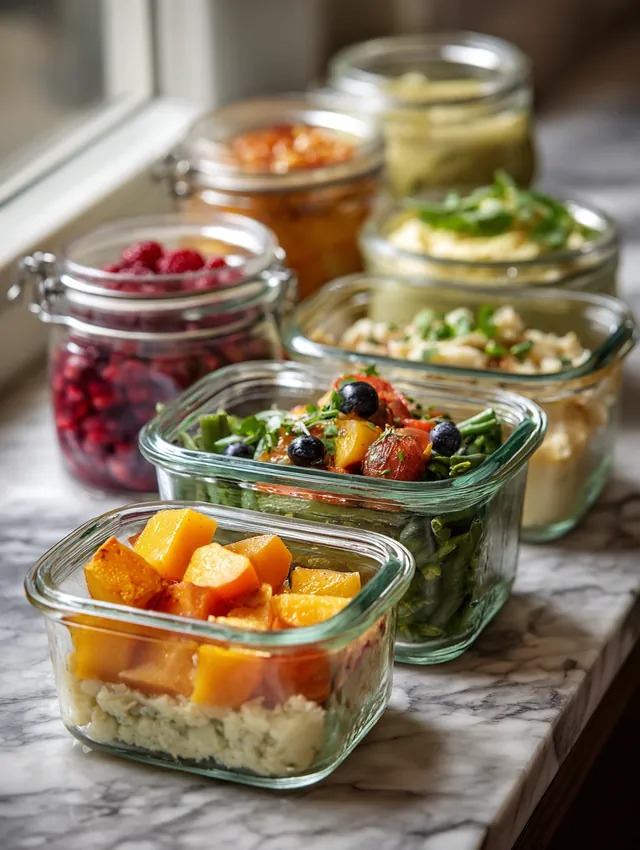 Neat row of glass meal-prep containers filled with colorful home-cooked meals on a marble counter
