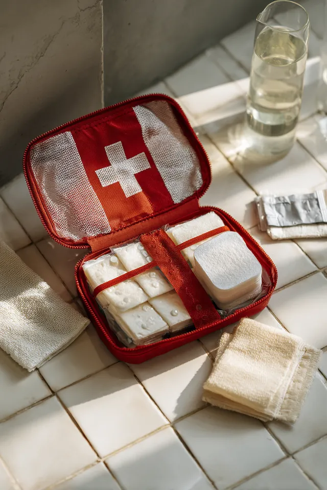 Open first aid kit with neatly arranged bandages and gauze on a white tiled surface, a reminder to plan for unexpected medical costs