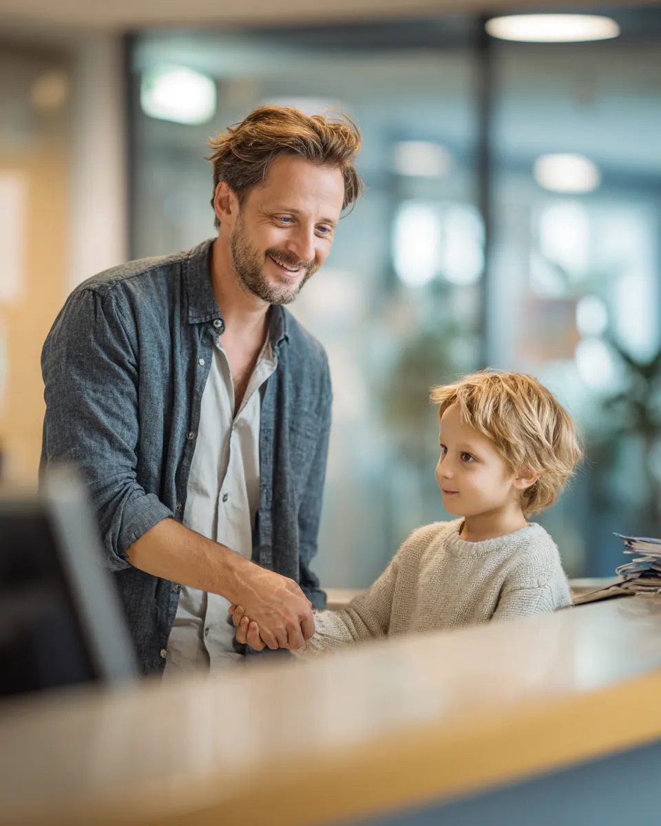 Father holding his young son's hand at a bright pediatric clinic check-in desk while following a green path financial plan for an unexpected medical bill