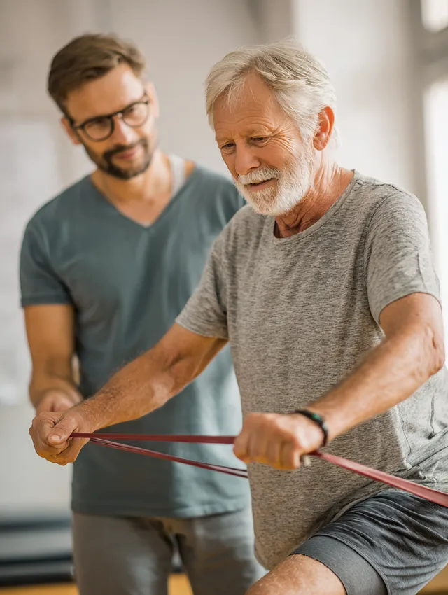 Physical therapist guiding an older man through a knee exercise with a resistance band during a covered recovery session