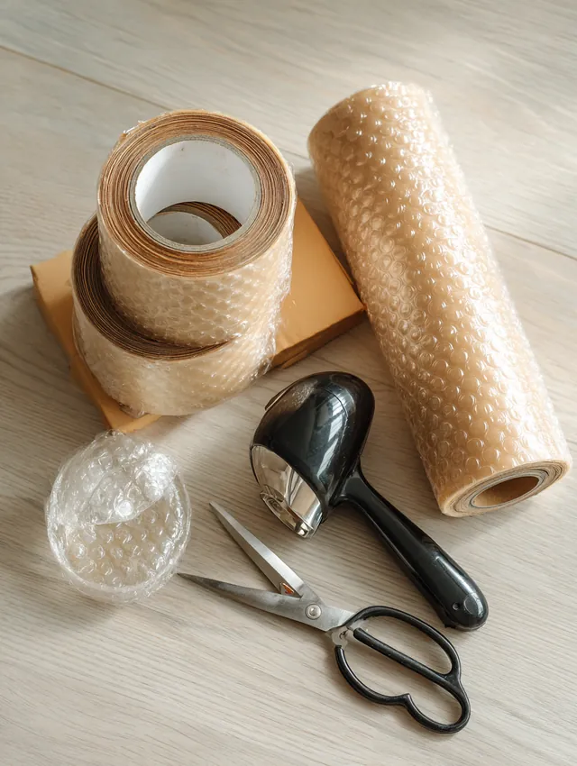 Packing tape dispenser, bubble wrap roll and scissors on a light wooden floor for a renter moving on a budget