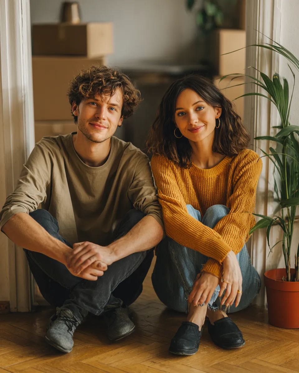 Young couple sitting on the floor of their empty new apartment beside a houseplant after using a green path financial moving budget checklist