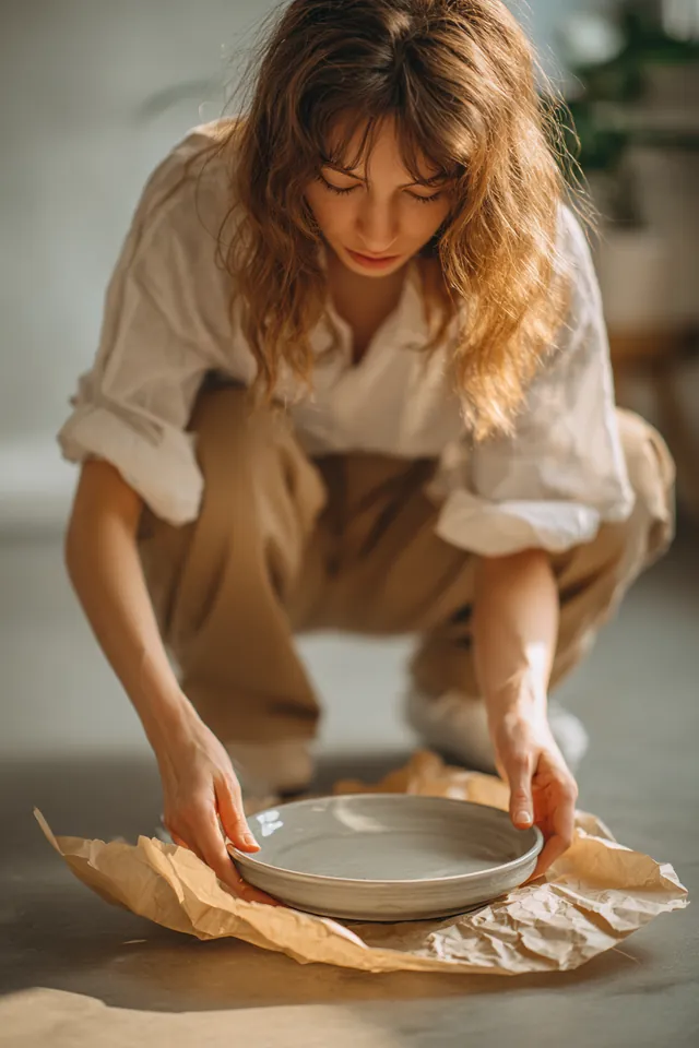 Hands wrapping a ceramic plate in plain packing paper on the floor of an empty new apartment