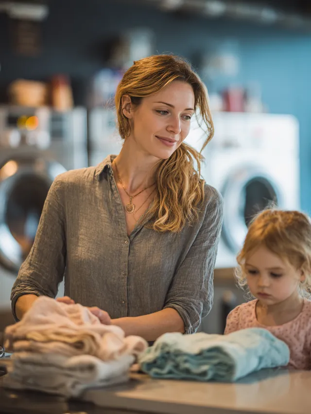 Mother in her 30s folding towels in a bright modern laundromat while her toddler sits on the counter beside her