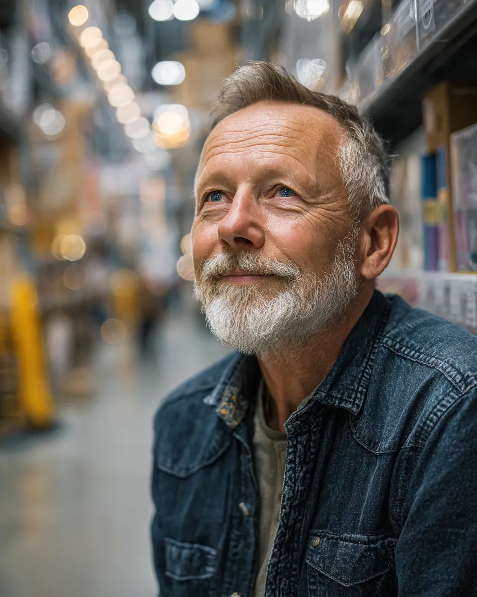 Man in his 50s with a trimmed gray beard looking thoughtful in a hardware store aisle while weighing green path financial personal loan questions