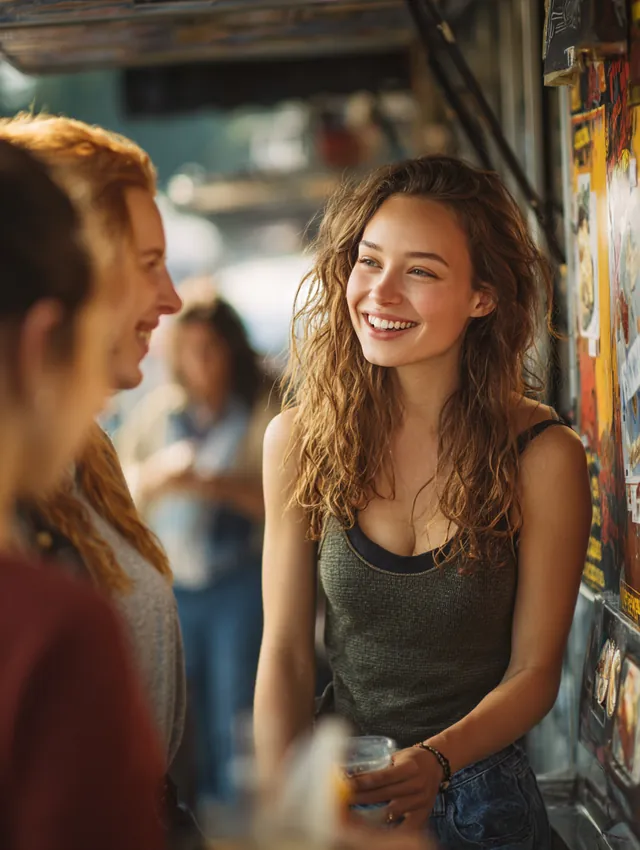 Friends in their twenties laughing together while ordering at a colorful food truck on a city street