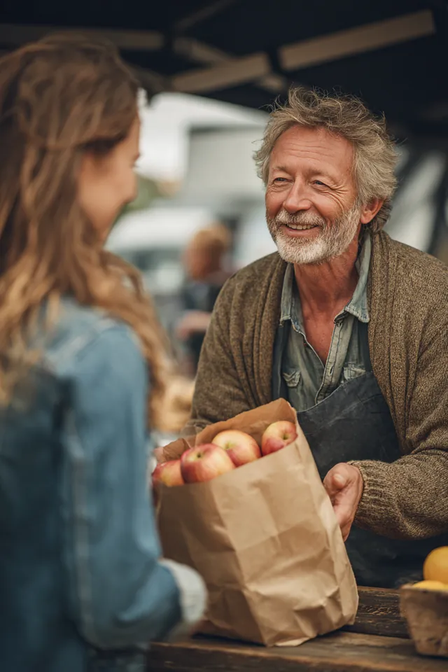 Farmers market vendor handing a paper bag of apples to a smiling customer, a reminder that personal loan rates are a price you can compare