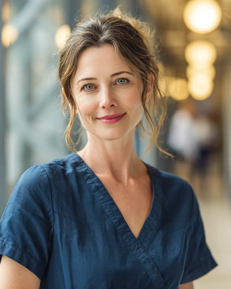 Nurse in navy scrubs standing calmly in a bright hospital corridor, reviewing green path financial personal loan requirements