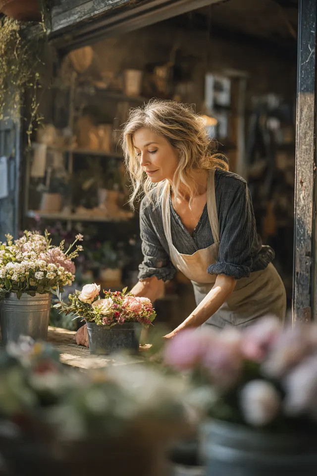 Florist rolling up the shutter of her small flower shop in the morning with buckets of fresh flowers outside