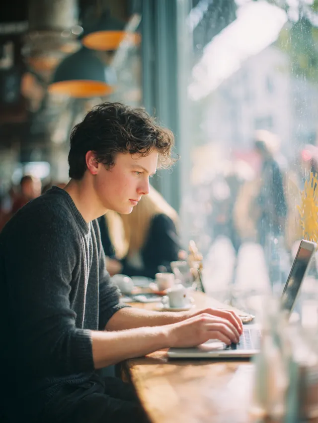Young man typing on a laptop at a cafe window table while comparing personal loan and credit card costs online