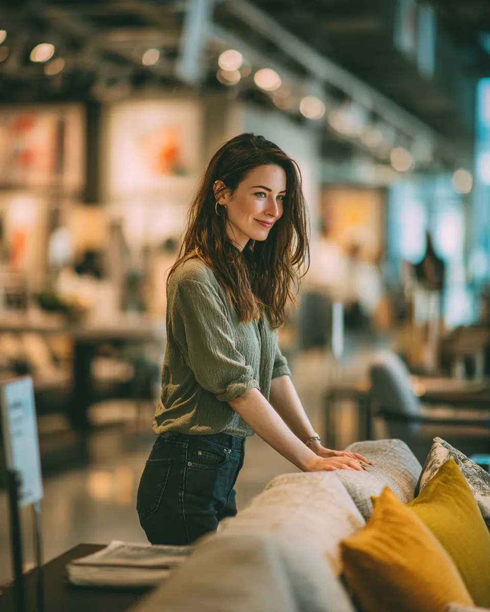 Woman browsing a furniture showroom and touching a sofa while weighing a green path financial choice between a personal loan and a credit card