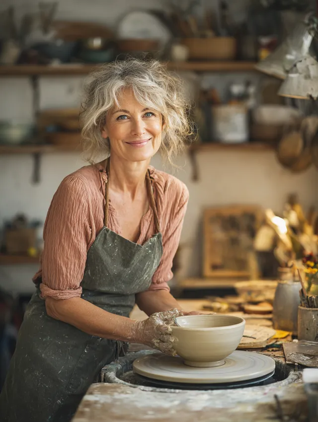 Smiling woman in her 60s in her pottery studio beside a fresh bowl on the wheel, a hobby budget kept on track without stretching her finances
