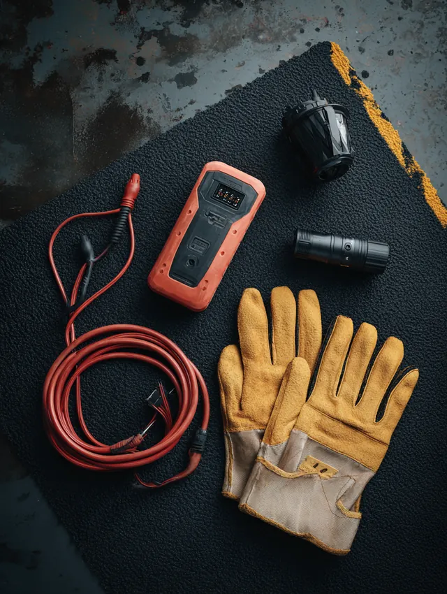 Compact car jump starter with coiled cables, work gloves and a flashlight laid out on a dark rubber mat