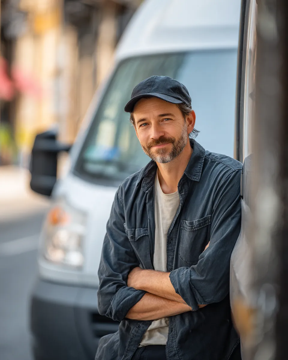 Delivery driver in his 30s leaning beside his white van on a city street, covering a cash gap with a green path financial short-term loan