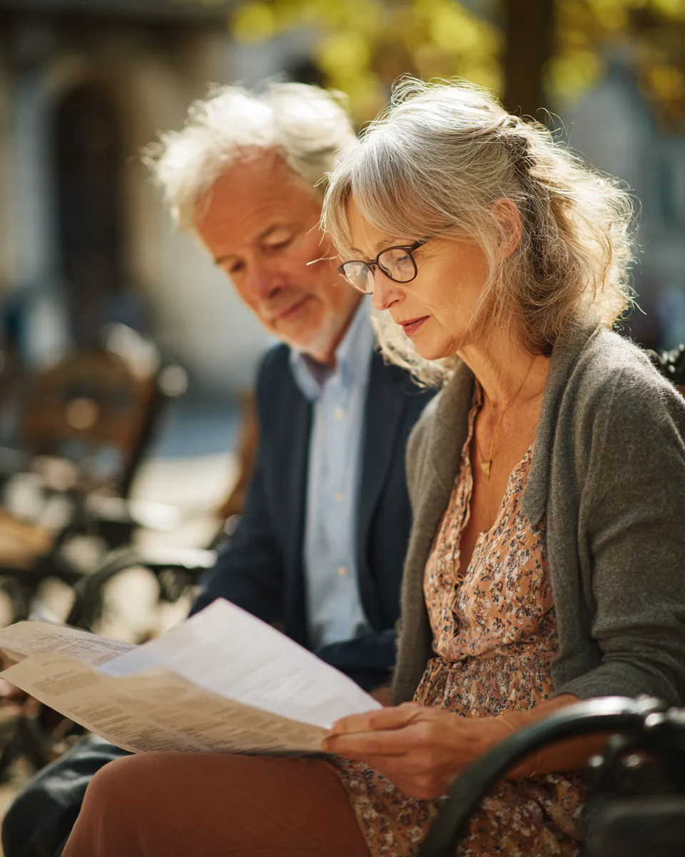 A couple in their 60s reading a printed document together on a sunlit park bench, representing our terms of use